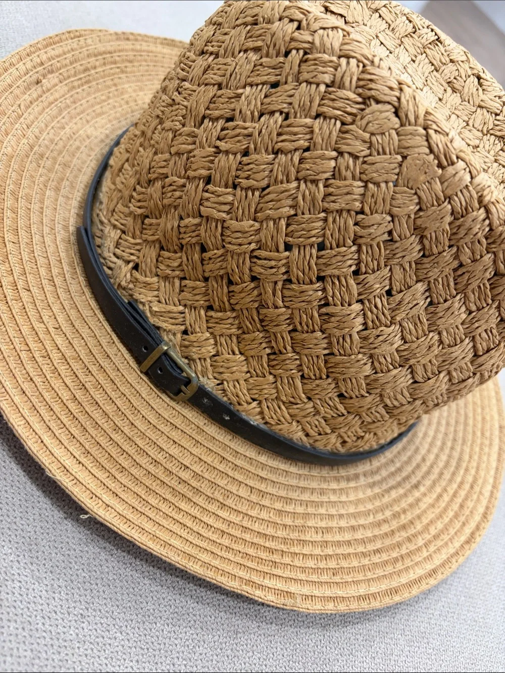 Woven Straw Fedora Hat with Black Band - Tan